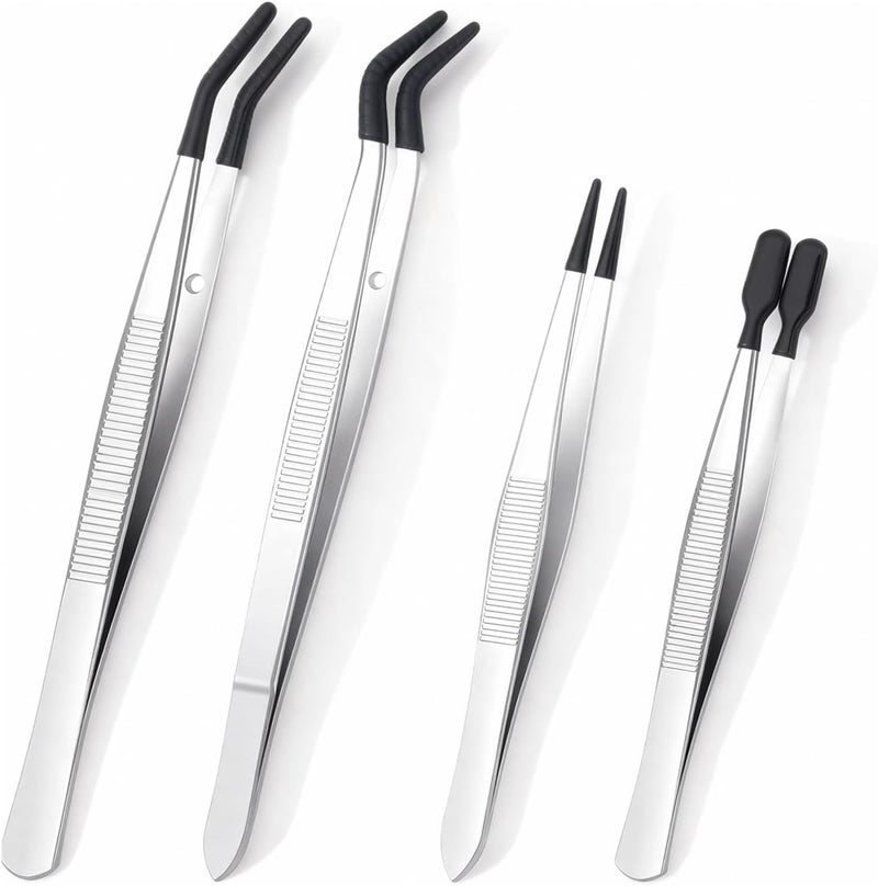 Allwin 4 Pcs Rubber Tip Tweezers Set, Non-Scratch PVC Coated Tips - Fine Point, Flat & Bent Head Tweezers for Crafts, Jewelry Making, Electronics, Eyelash Extensions - Image 1